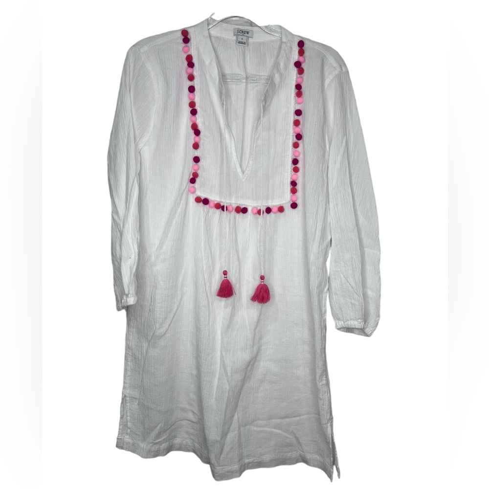 J.Crew swim cover up white with pink pom poms and tassel ties - size Small